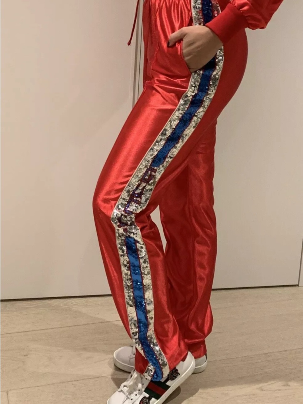 Gucci Red Track Pants with Blue & Silver Sequin Side Stripe